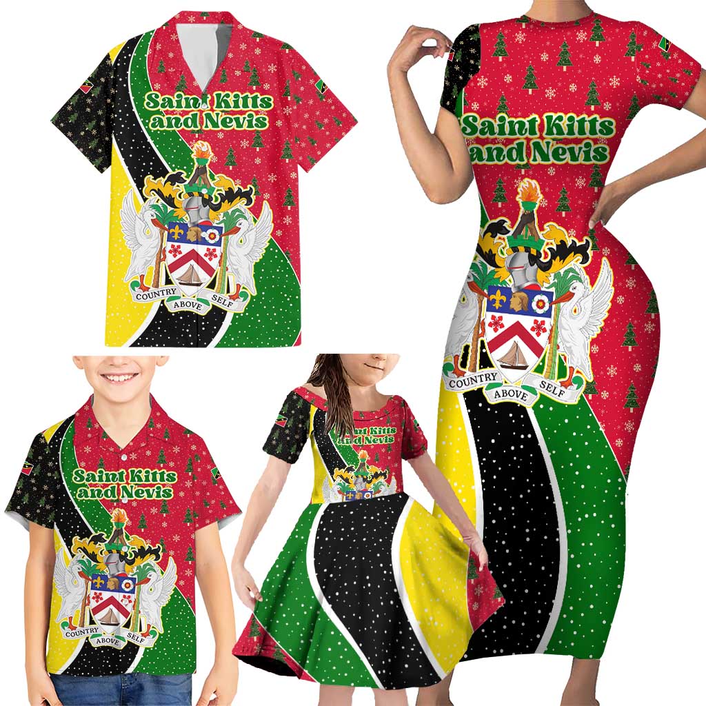 Saint Kitts and Nevis Christmas Family Matching Short Sleeve Bodycon Dress and Hawaiian Shirt with Red Green Black Xmas Monkey Gift and Coat of Arms - Wonder Print Shop