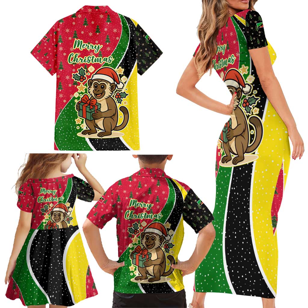 Saint Kitts and Nevis Christmas Family Matching Short Sleeve Bodycon Dress and Hawaiian Shirt with Red Green Black Xmas Monkey Gift and Coat of Arms - Wonder Print Shop