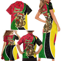 Saint Kitts and Nevis Christmas Family Matching Short Sleeve Bodycon Dress and Hawaiian Shirt with Red Green Black Xmas Monkey Gift and Coat of Arms - Wonder Print Shop