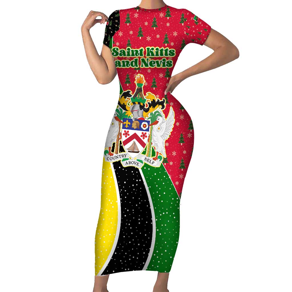 Saint Kitts and Nevis Christmas Family Matching Short Sleeve Bodycon Dress and Hawaiian Shirt with Red Green Black Xmas Monkey Gift and Coat of Arms - Wonder Print Shop