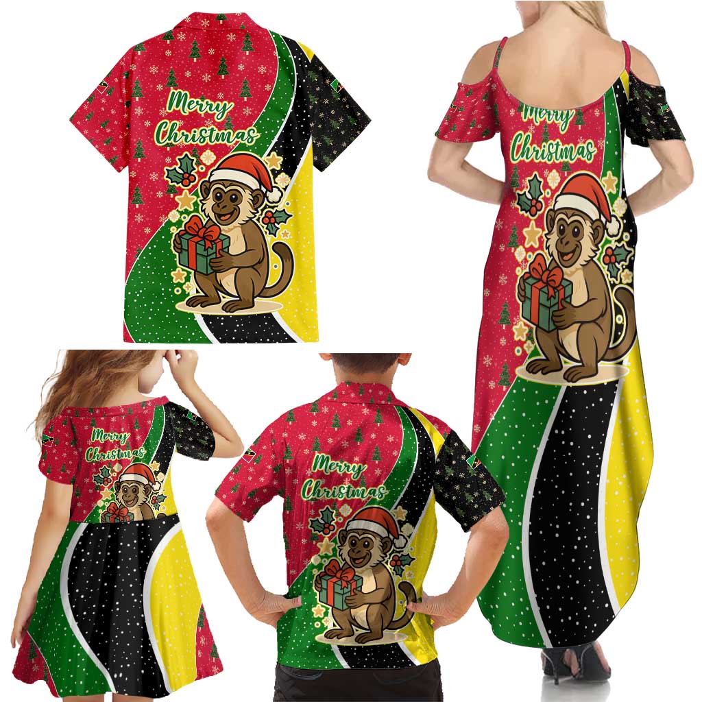 Saint Kitts and Nevis Christmas Family Matching Summer Maxi Dress and Hawaiian Shirt with Red Green Black Xmas Monkey Gift and Coat of Arms - Wonder Print Shop