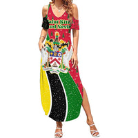 Saint Kitts and Nevis Christmas Family Matching Summer Maxi Dress and Hawaiian Shirt with Red Green Black Xmas Monkey Gift and Coat of Arms - Wonder Print Shop