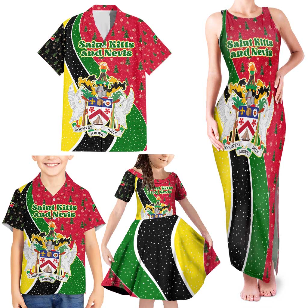 Saint Kitts and Nevis Christmas Family Matching Tank Maxi Dress and Hawaiian Shirt with Red Green Black Xmas Monkey Gift and Coat of Arms - Wonder Print Shop