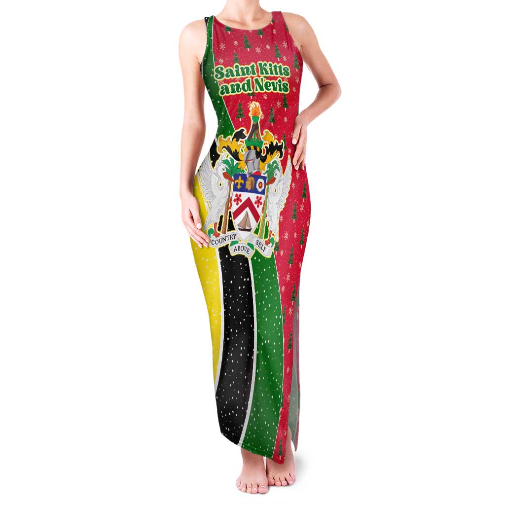 Saint Kitts and Nevis Christmas Family Matching Tank Maxi Dress and Hawaiian Shirt with Red Green Black Xmas Monkey Gift and Coat of Arms - Wonder Print Shop