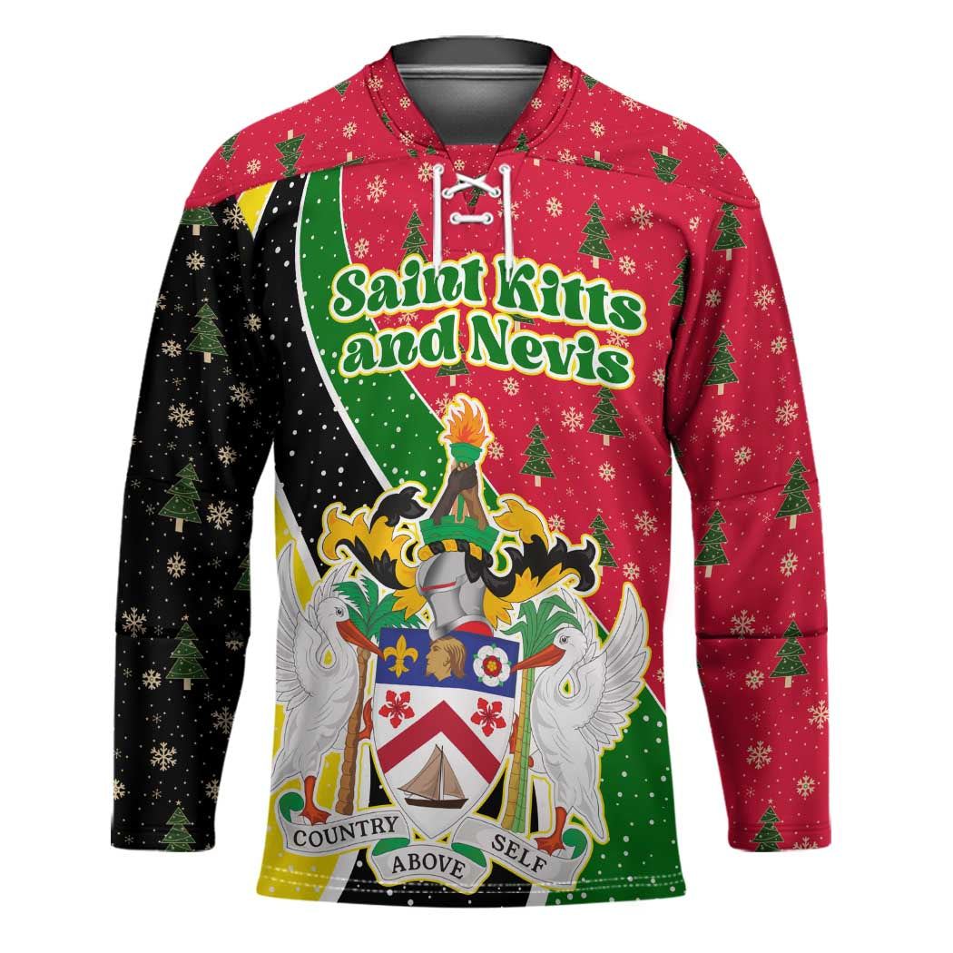 Saint Kitts and Nevis Christmas Hockey Jersey with Red Green Black Xmas Monkey Gift and Coat of Arms - Wonder Print Shop