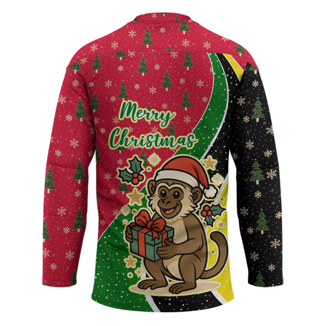 Saint Kitts and Nevis Christmas Hockey Jersey with Red Green Black Xmas Monkey Gift and Coat of Arms - Wonder Print Shop