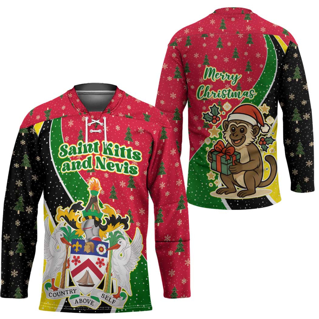 Saint Kitts and Nevis Christmas Hockey Jersey with Red Green Black Xmas Monkey Gift and Coat of Arms - Wonder Print Shop