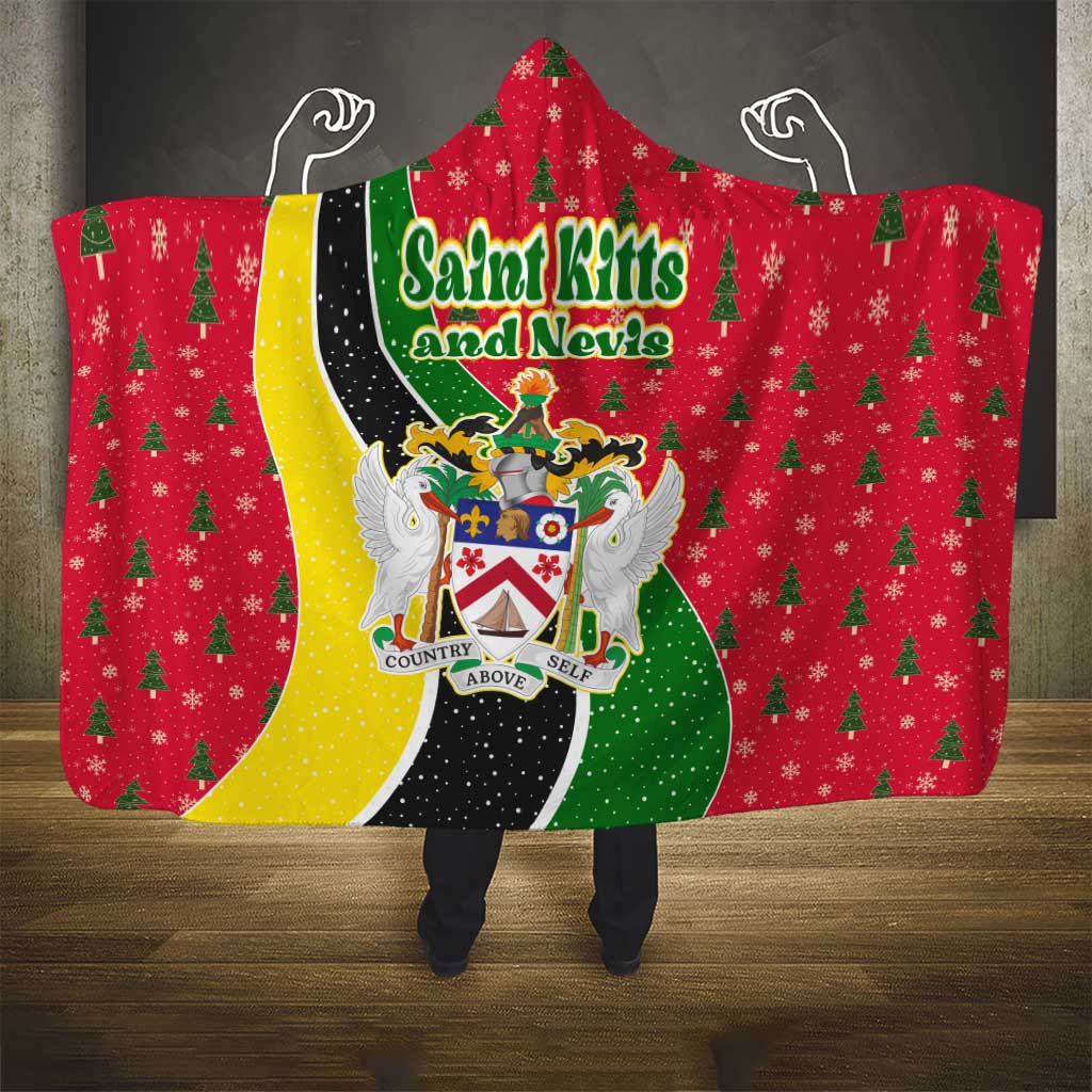 Saint Kitts and Nevis Christmas Hooded Blanket with Red Green Black Xmas Monkey Gift and Coat of Arms - Wonder Print Shop