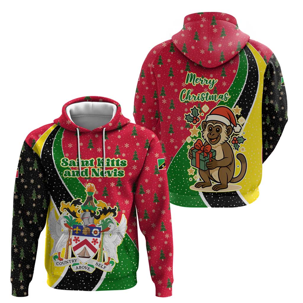 Saint Kitts and Nevis Christmas Hoodie with Red Green Black Xmas Monkey Gift and Coat of Arms - Wonder Print Shop