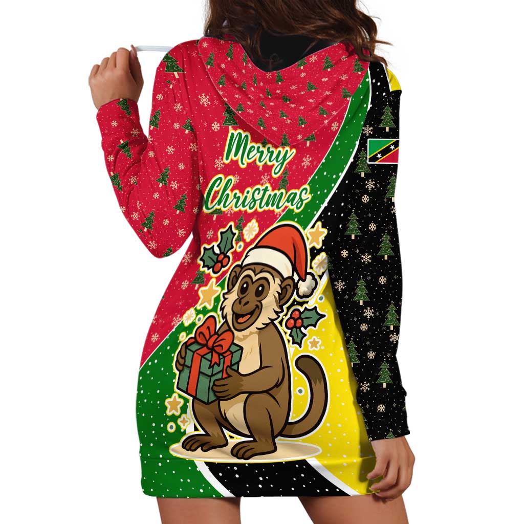 Saint Kitts and Nevis Christmas Hoodie Dress with Red Green Black Xmas Monkey Gift and Coat of Arms - Wonder Print Shop