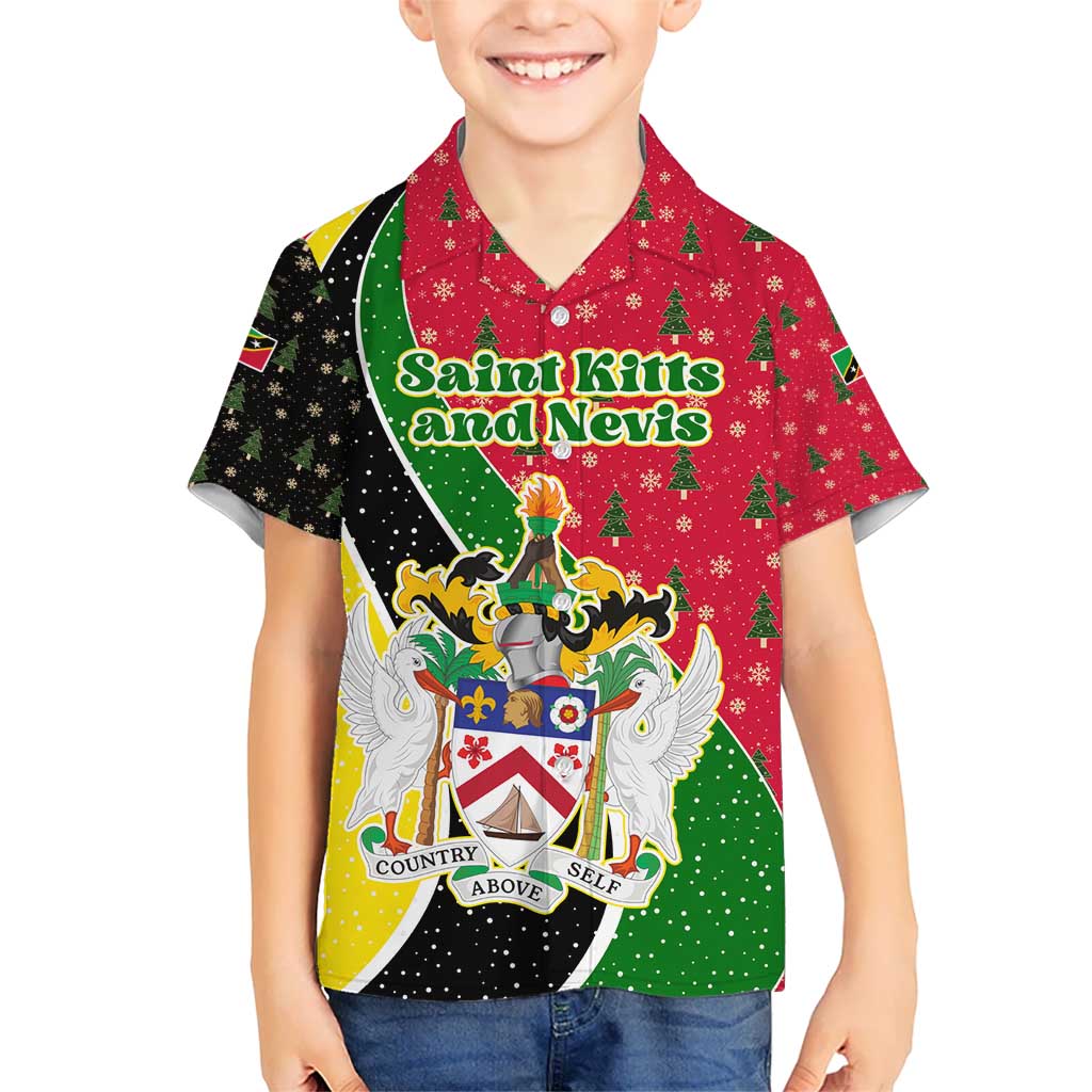 Saint Kitts and Nevis Christmas Kid Hawaiian Shirt with Red Green Black Xmas Monkey Gift and Coat of Arms - Wonder Print Shop