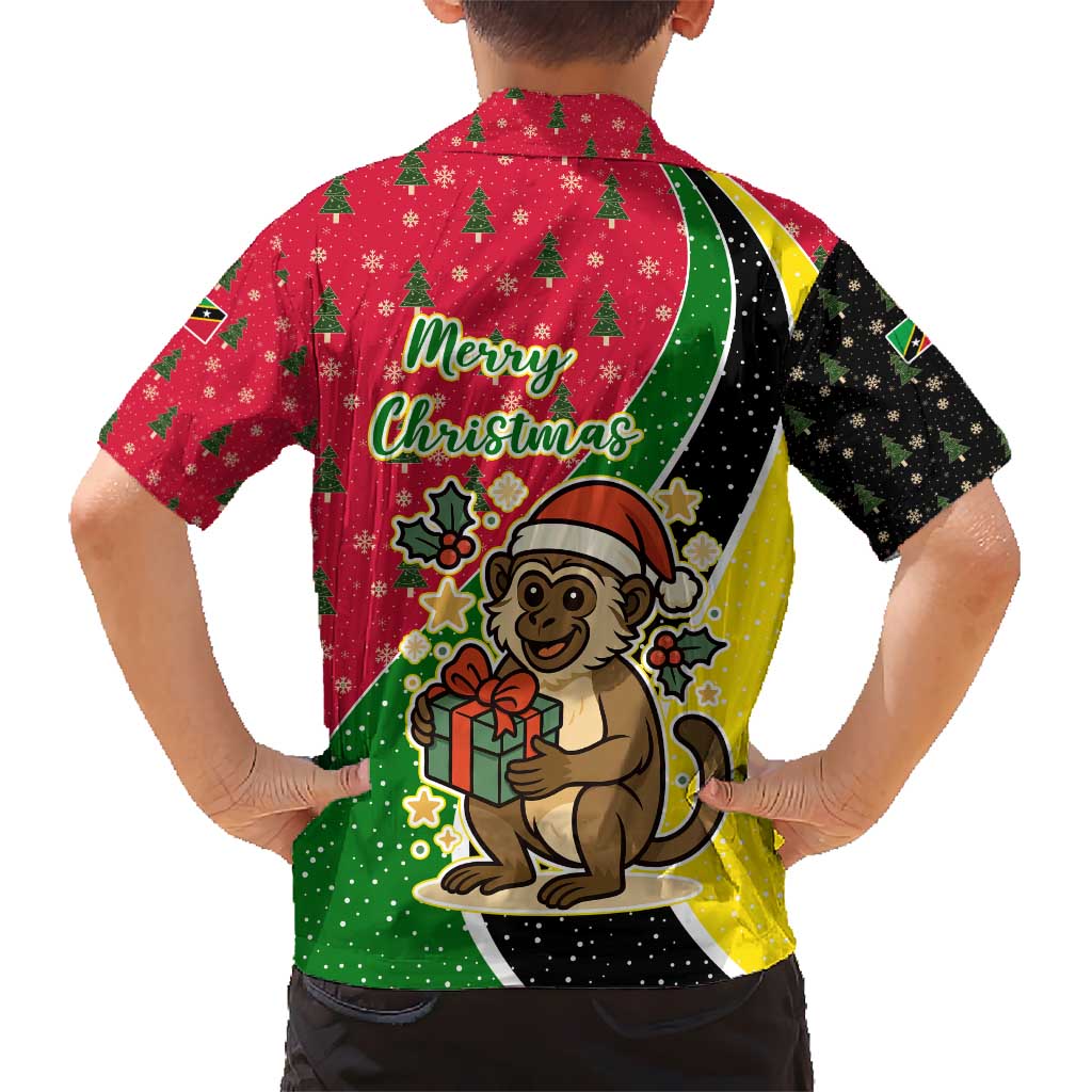 Saint Kitts and Nevis Christmas Kid Hawaiian Shirt with Red Green Black Xmas Monkey Gift and Coat of Arms - Wonder Print Shop