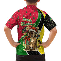 Saint Kitts and Nevis Christmas Kid Hawaiian Shirt with Red Green Black Xmas Monkey Gift and Coat of Arms - Wonder Print Shop
