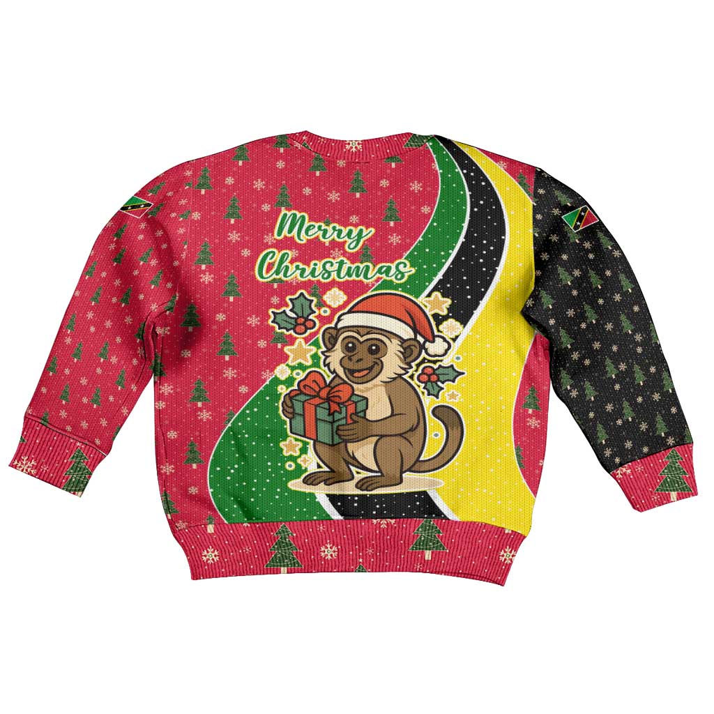 Saint Kitts and Nevis Christmas Kid Ugly Christmas Sweater with Red Green Black Xmas Monkey Gift and Coat of Arms - Wonder Print Shop