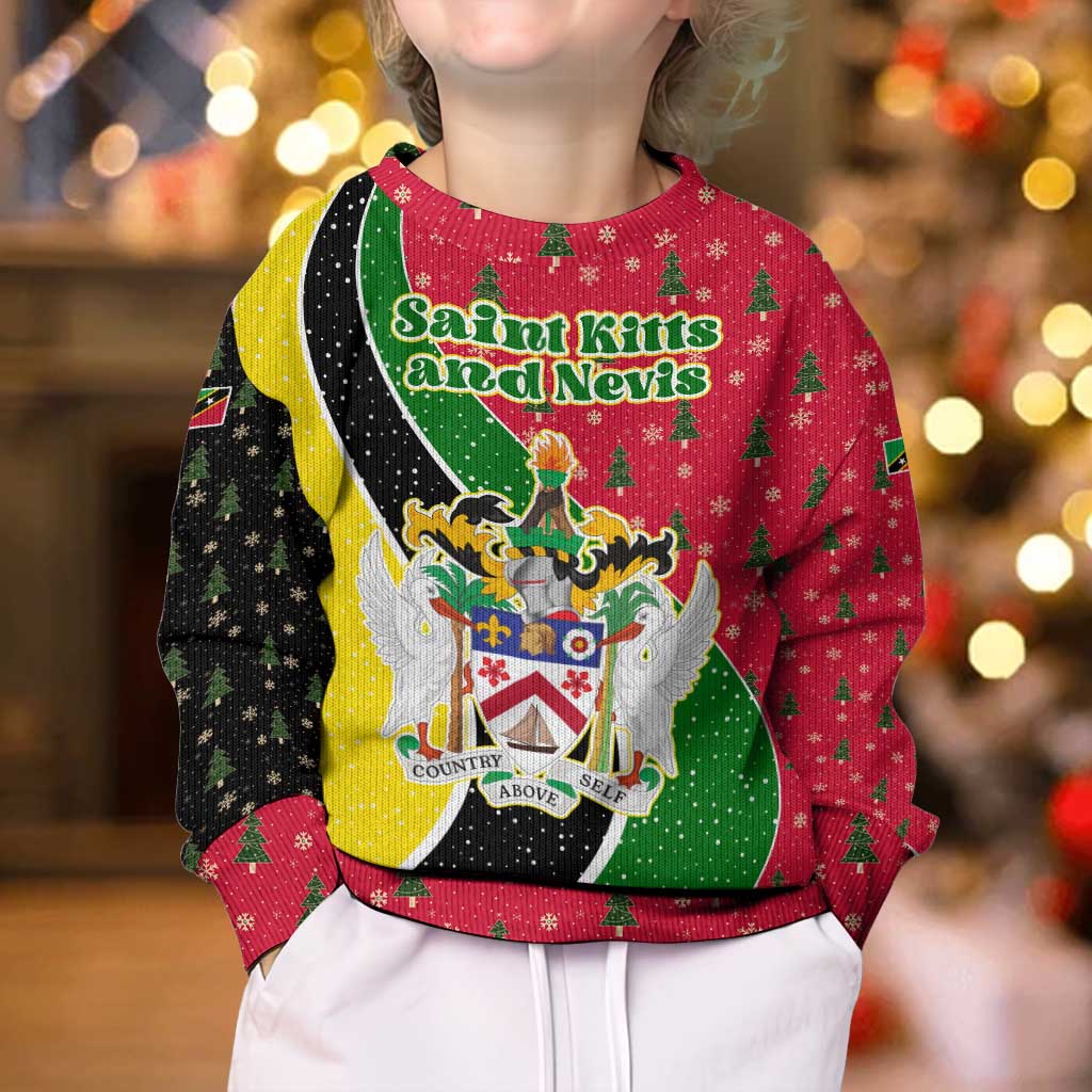 Saint Kitts and Nevis Christmas Kid Ugly Christmas Sweater with Red Green Black Xmas Monkey Gift and Coat of Arms - Wonder Print Shop