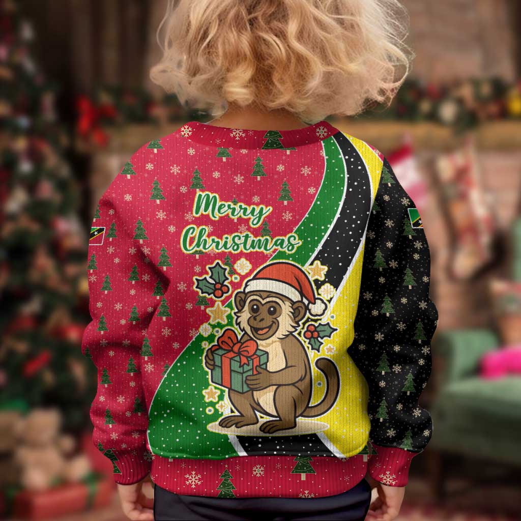 Saint Kitts and Nevis Christmas Kid Ugly Christmas Sweater with Red Green Black Xmas Monkey Gift and Coat of Arms - Wonder Print Shop