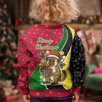 Saint Kitts and Nevis Christmas Kid Ugly Christmas Sweater with Red Green Black Xmas Monkey Gift and Coat of Arms - Wonder Print Shop