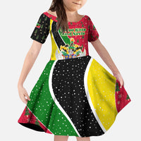 Saint Kitts and Nevis Christmas Kid Short Sleeve Dress with Red Green Black Xmas Monkey Gift and Coat of Arms - Wonder Print Shop