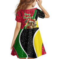 Saint Kitts and Nevis Christmas Kid Short Sleeve Dress with Red Green Black Xmas Monkey Gift and Coat of Arms - Wonder Print Shop