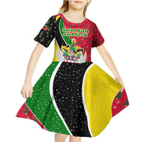 Saint Kitts and Nevis Christmas Kid Short Sleeve Dress with Red Green Black Xmas Monkey Gift and Coat of Arms - Wonder Print Shop
