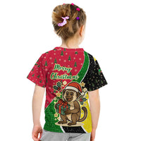 Saint Kitts and Nevis Christmas Kid T Shirt with Red Green Black Xmas Monkey Gift and Coat of Arms - Wonder Print Shop