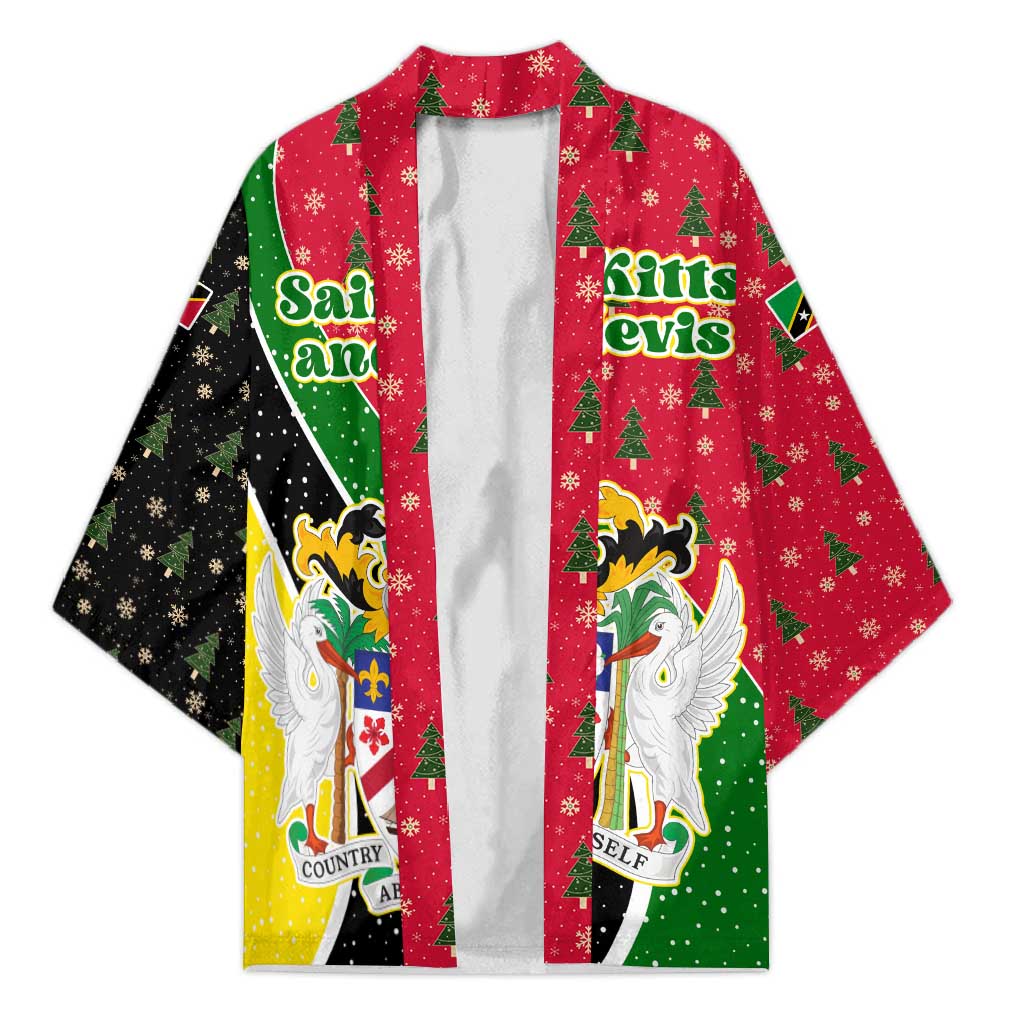 Saint Kitts and Nevis Christmas Kimono with Red Green Black Xmas Monkey Gift and Coat of Arms - Wonder Print Shop