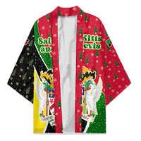 Saint Kitts and Nevis Christmas Kimono with Red Green Black Xmas Monkey Gift and Coat of Arms - Wonder Print Shop