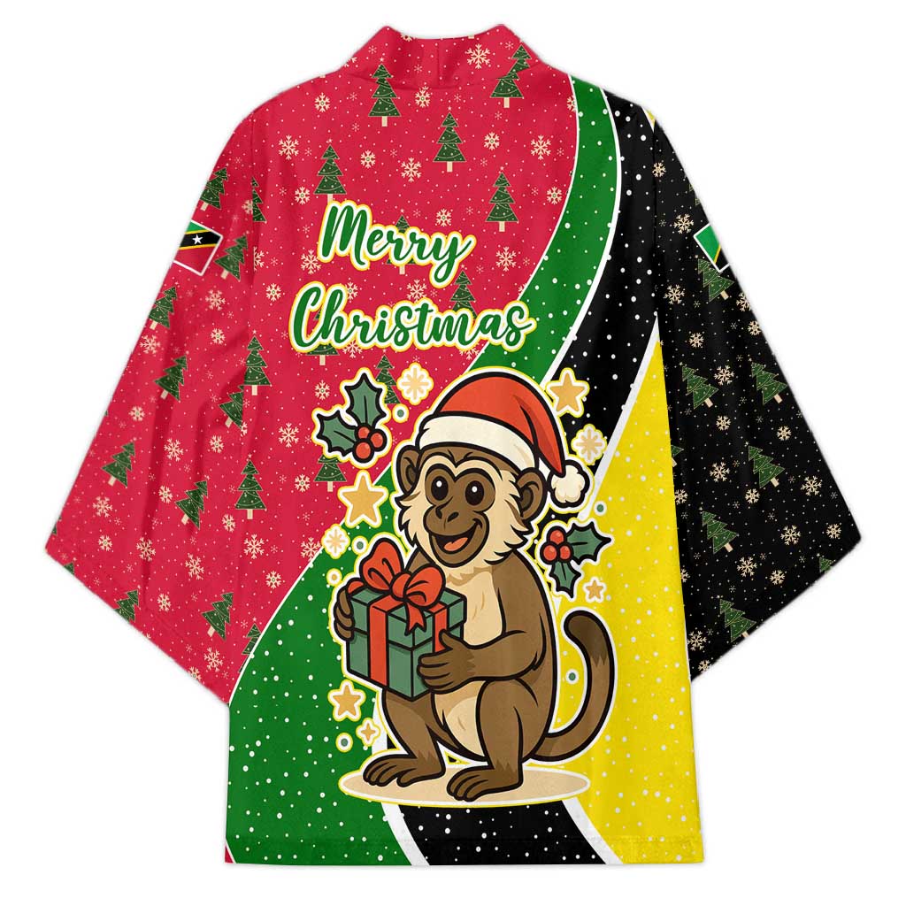 Saint Kitts and Nevis Christmas Kimono with Red Green Black Xmas Monkey Gift and Coat of Arms - Wonder Print Shop
