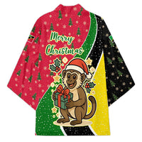Saint Kitts and Nevis Christmas Kimono with Red Green Black Xmas Monkey Gift and Coat of Arms - Wonder Print Shop