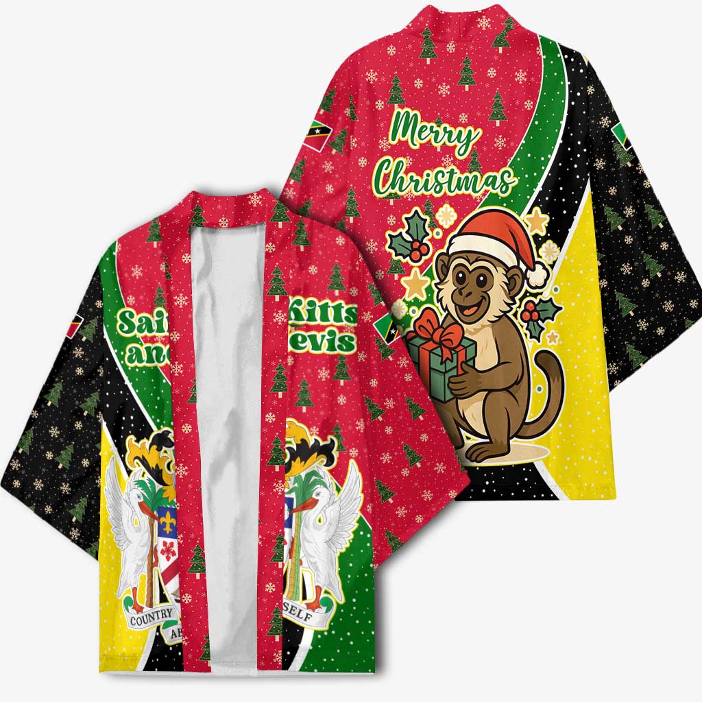 Saint Kitts and Nevis Christmas Kimono with Red Green Black Xmas Monkey Gift and Coat of Arms - Wonder Print Shop