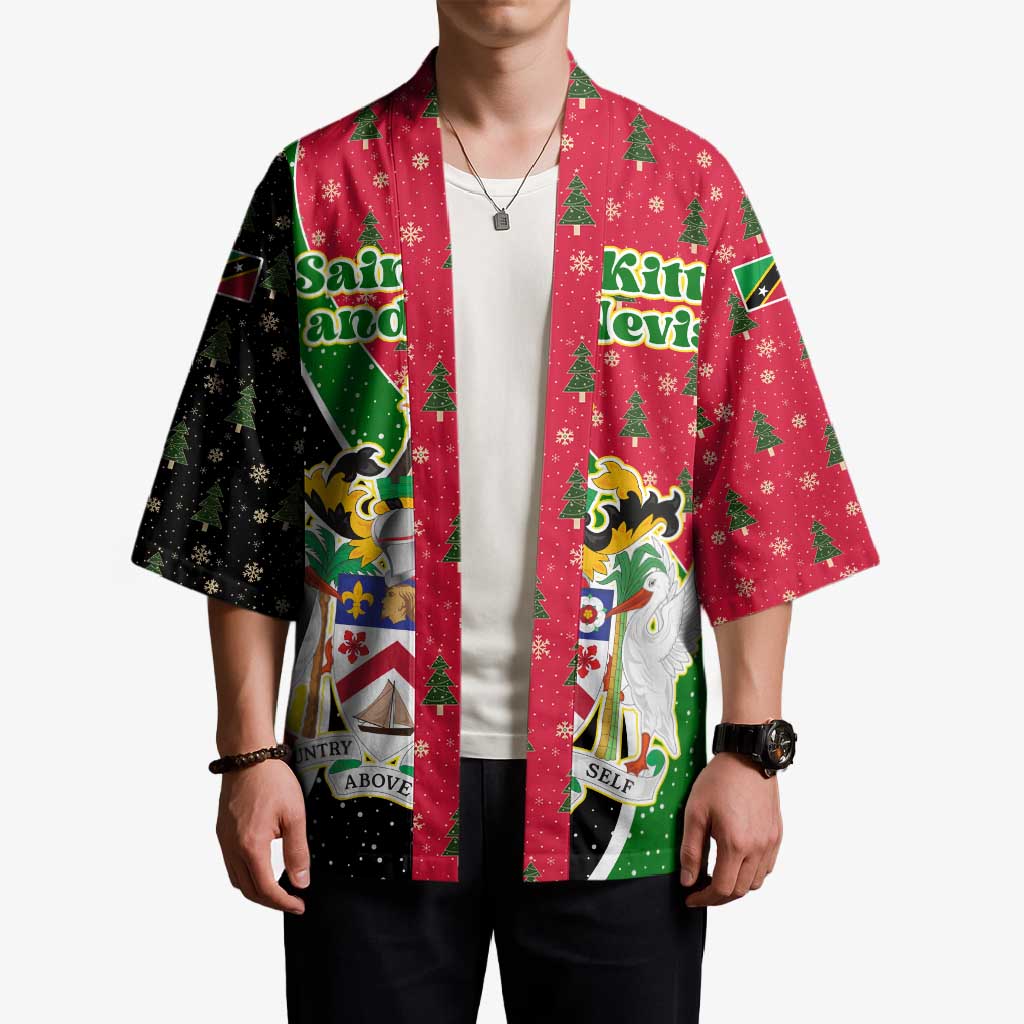 Saint Kitts and Nevis Christmas Kimono with Red Green Black Xmas Monkey Gift and Coat of Arms - Wonder Print Shop