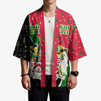 Saint Kitts and Nevis Christmas Kimono with Red Green Black Xmas Monkey Gift and Coat of Arms - Wonder Print Shop