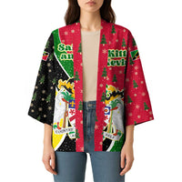 Saint Kitts and Nevis Christmas Kimono with Red Green Black Xmas Monkey Gift and Coat of Arms - Wonder Print Shop
