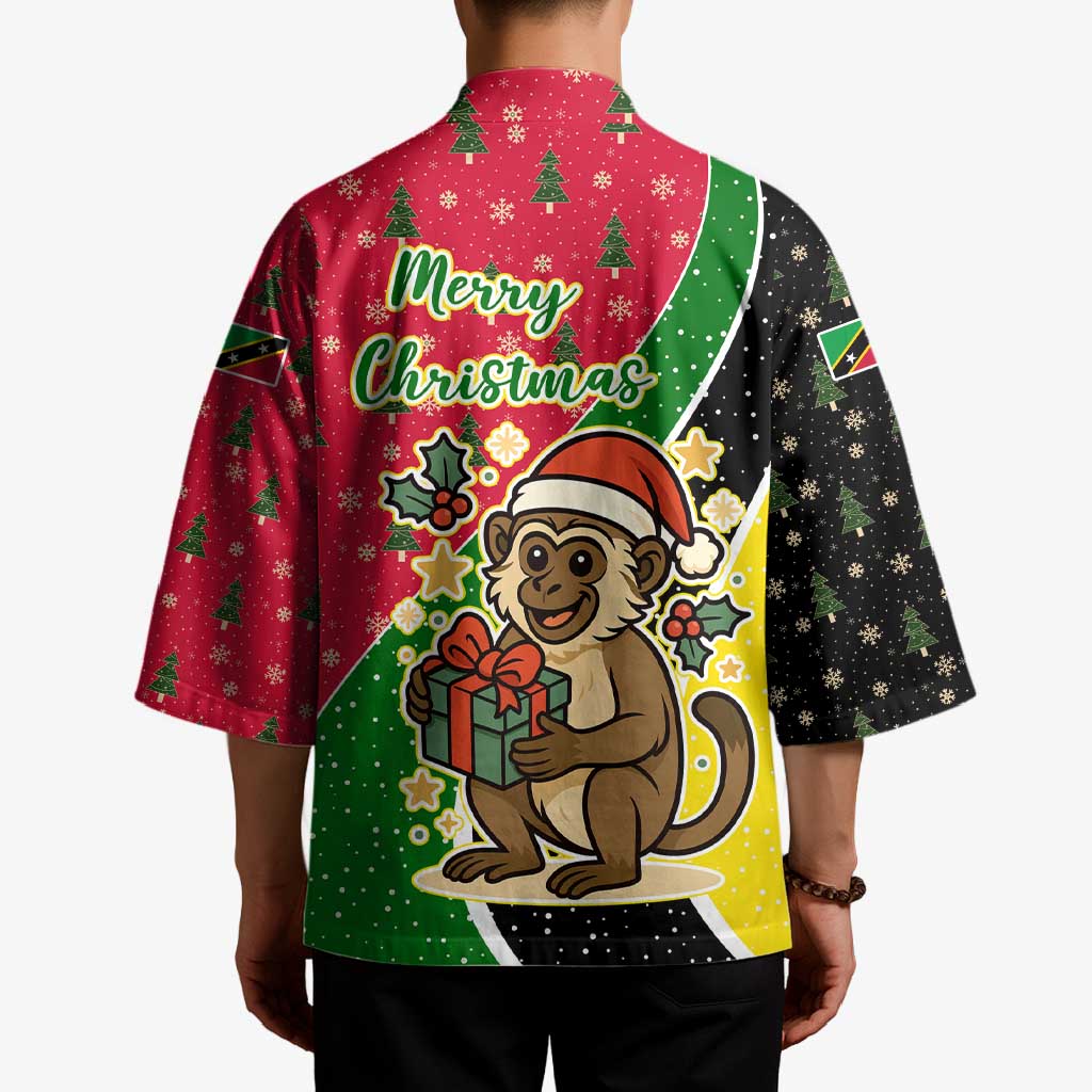 Saint Kitts and Nevis Christmas Kimono with Red Green Black Xmas Monkey Gift and Coat of Arms - Wonder Print Shop