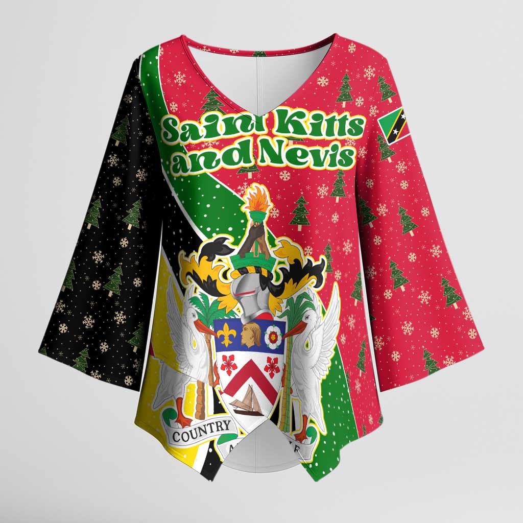Saint Kitts and Nevis Christmas Kimono Sleeve Blouse with Red Green Black Xmas Monkey Gift and Coat of Arms - Wonder Print Shop