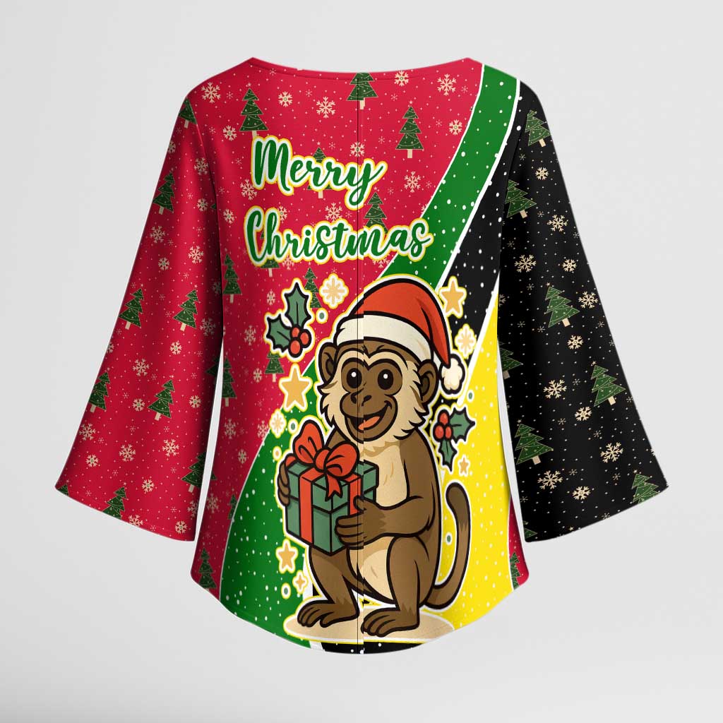 Saint Kitts and Nevis Christmas Kimono Sleeve Blouse with Red Green Black Xmas Monkey Gift and Coat of Arms - Wonder Print Shop