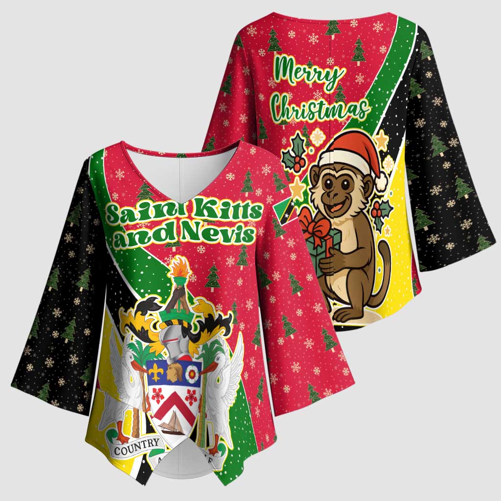 Saint Kitts and Nevis Christmas Kimono Sleeve Blouse with Red Green Black Xmas Monkey Gift and Coat of Arms - Wonder Print Shop