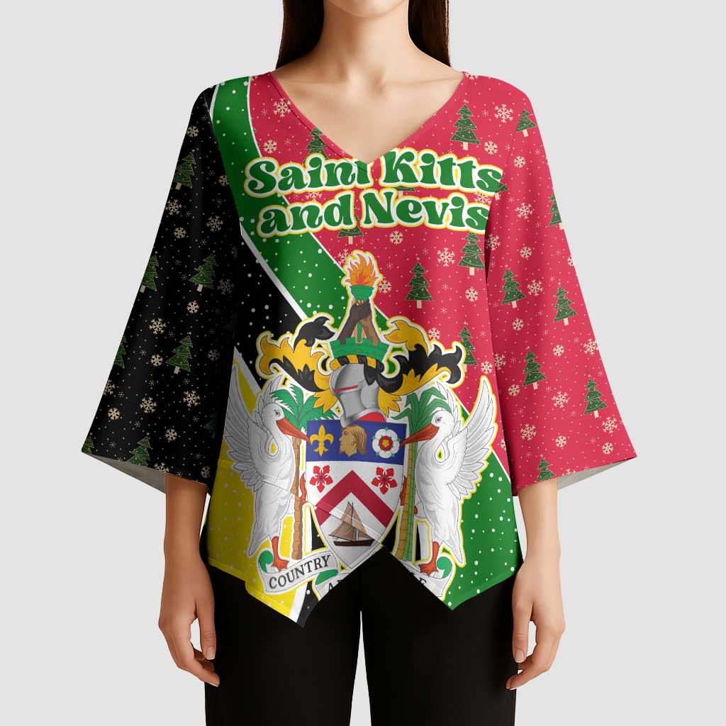 Saint Kitts and Nevis Christmas Kimono Sleeve Blouse with Red Green Black Xmas Monkey Gift and Coat of Arms - Wonder Print Shop