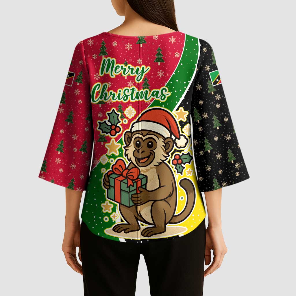 Saint Kitts and Nevis Christmas Kimono Sleeve Blouse with Red Green Black Xmas Monkey Gift and Coat of Arms - Wonder Print Shop