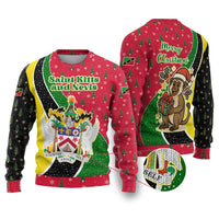 Saint Kitts and Nevis Christmas Ugly Christmas Sweater with Red Green Black Xmas Monkey Gift and Coat of Arms - Wonder Print Shop