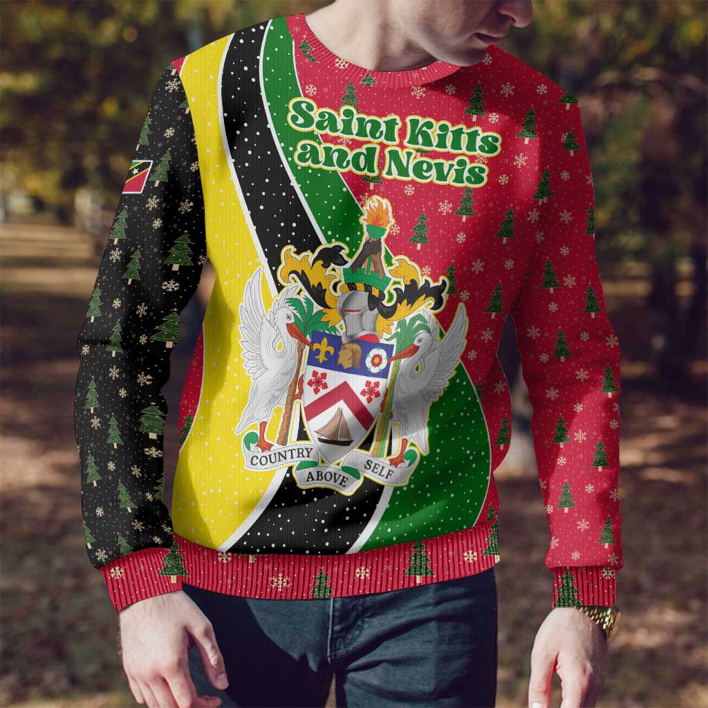 Saint Kitts and Nevis Christmas Ugly Christmas Sweater with Red Green Black Xmas Monkey Gift and Coat of Arms - Wonder Print Shop