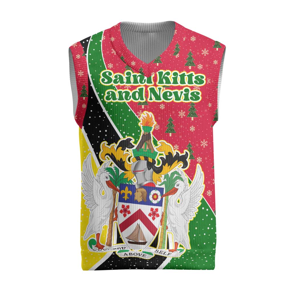Saint Kitts and Nevis Christmas Knitted V-Neck Vest with Red Green Black Xmas Monkey Gift and Coat of Arms - Wonder Print Shop