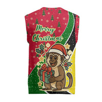 Saint Kitts and Nevis Christmas Knitted V-Neck Vest with Red Green Black Xmas Monkey Gift and Coat of Arms - Wonder Print Shop