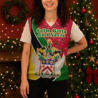 Saint Kitts and Nevis Christmas Knitted V-Neck Vest with Red Green Black Xmas Monkey Gift and Coat of Arms - Wonder Print Shop