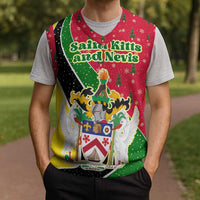 Saint Kitts and Nevis Christmas Knitted V-Neck Vest with Red Green Black Xmas Monkey Gift and Coat of Arms - Wonder Print Shop
