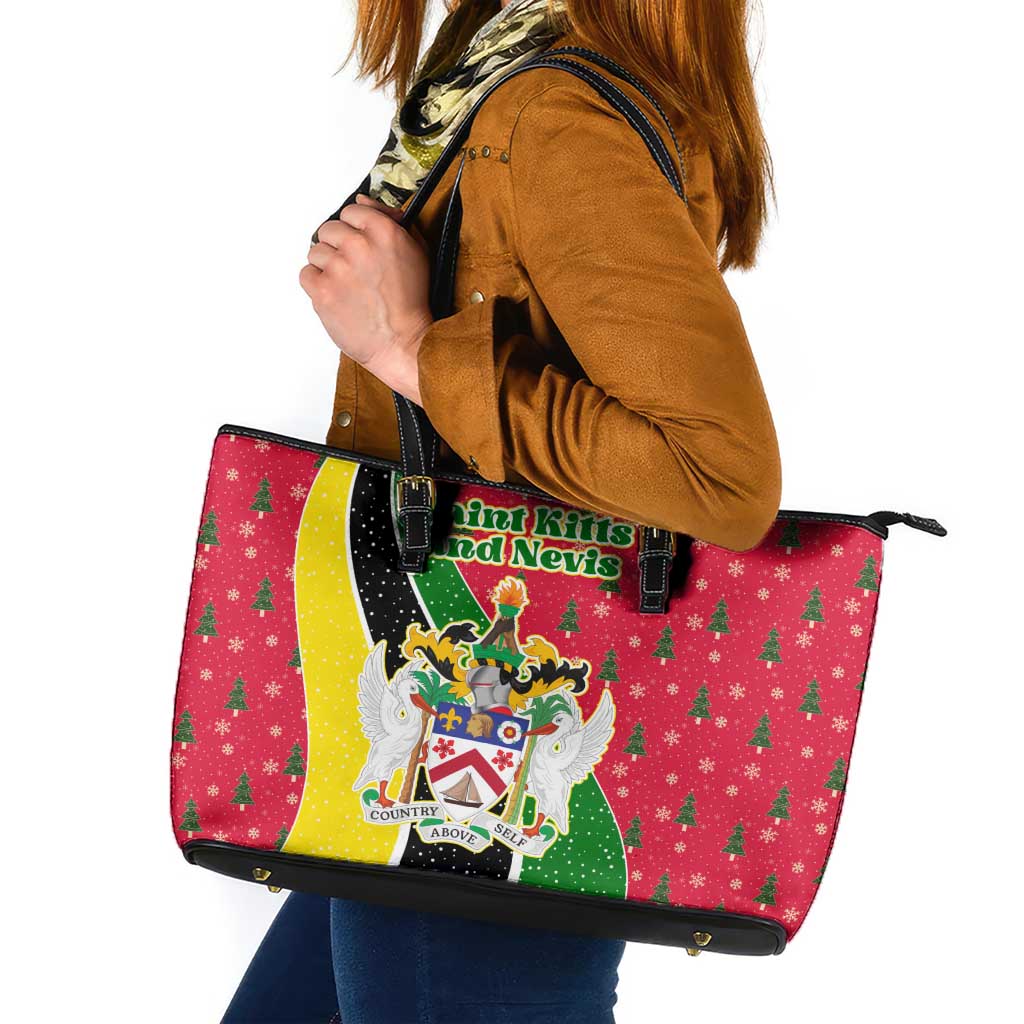 Saint Kitts and Nevis Christmas Leather Tote Bag with Red Green Black Xmas Monkey Gift and Coat of Arms - Wonder Print Shop