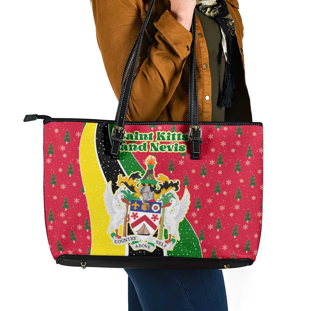 Saint Kitts and Nevis Christmas Leather Tote Bag with Red Green Black Xmas Monkey Gift and Coat of Arms - Wonder Print Shop