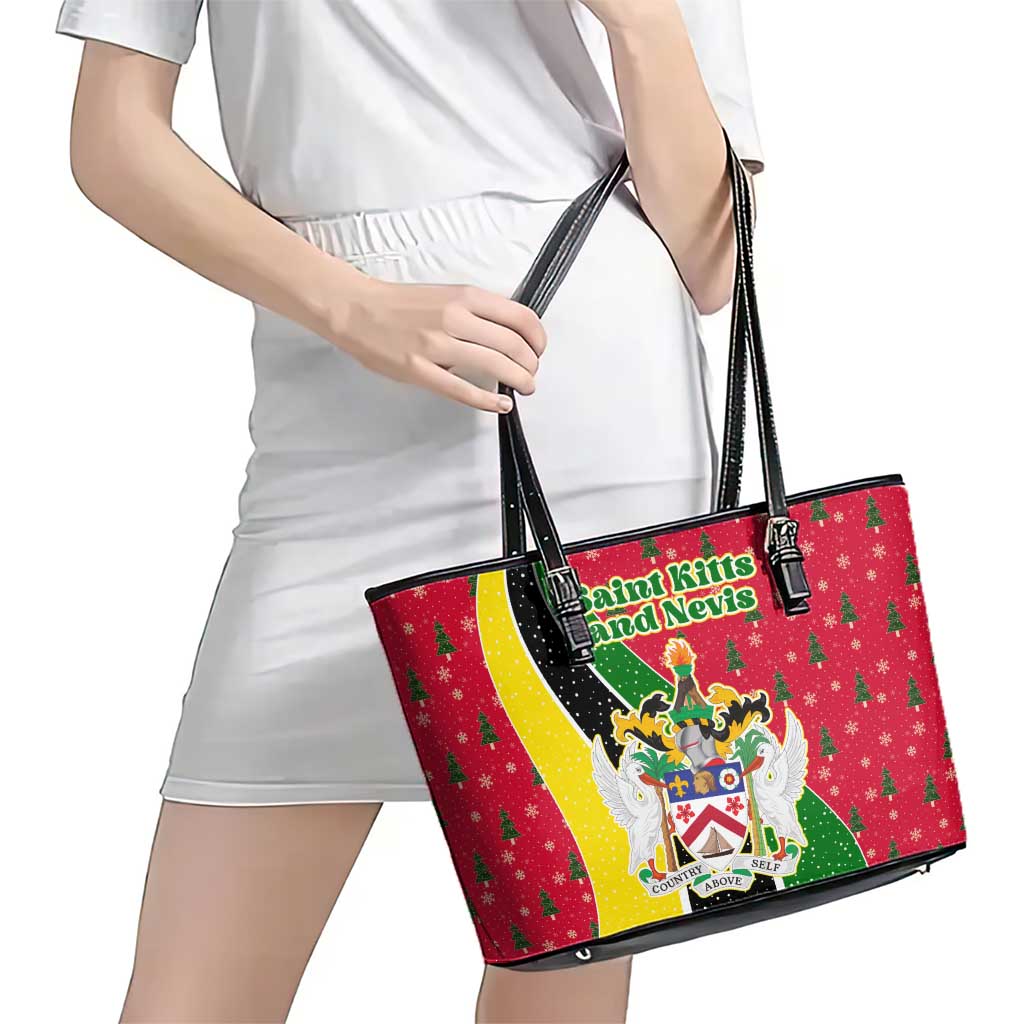 Saint Kitts and Nevis Christmas Leather Tote Bag with Red Green Black Xmas Monkey Gift and Coat of Arms - Wonder Print Shop