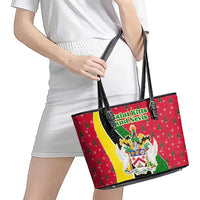 Saint Kitts and Nevis Christmas Leather Tote Bag with Red Green Black Xmas Monkey Gift and Coat of Arms - Wonder Print Shop