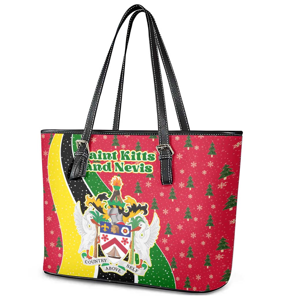 Saint Kitts and Nevis Christmas Leather Tote Bag with Red Green Black Xmas Monkey Gift and Coat of Arms - Wonder Print Shop